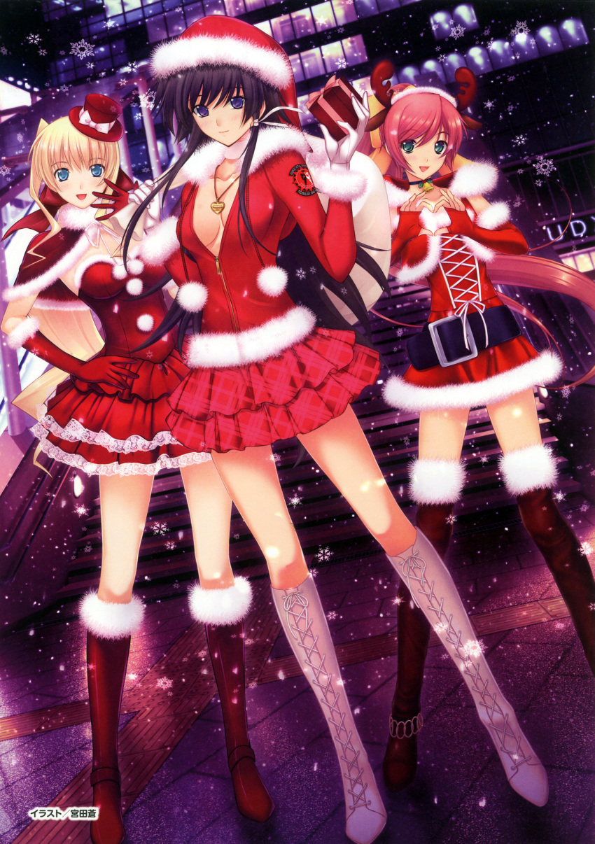 absurdres, antlers, black_hair, blonde_hair, blue_eyes, boots, breasts, capelet