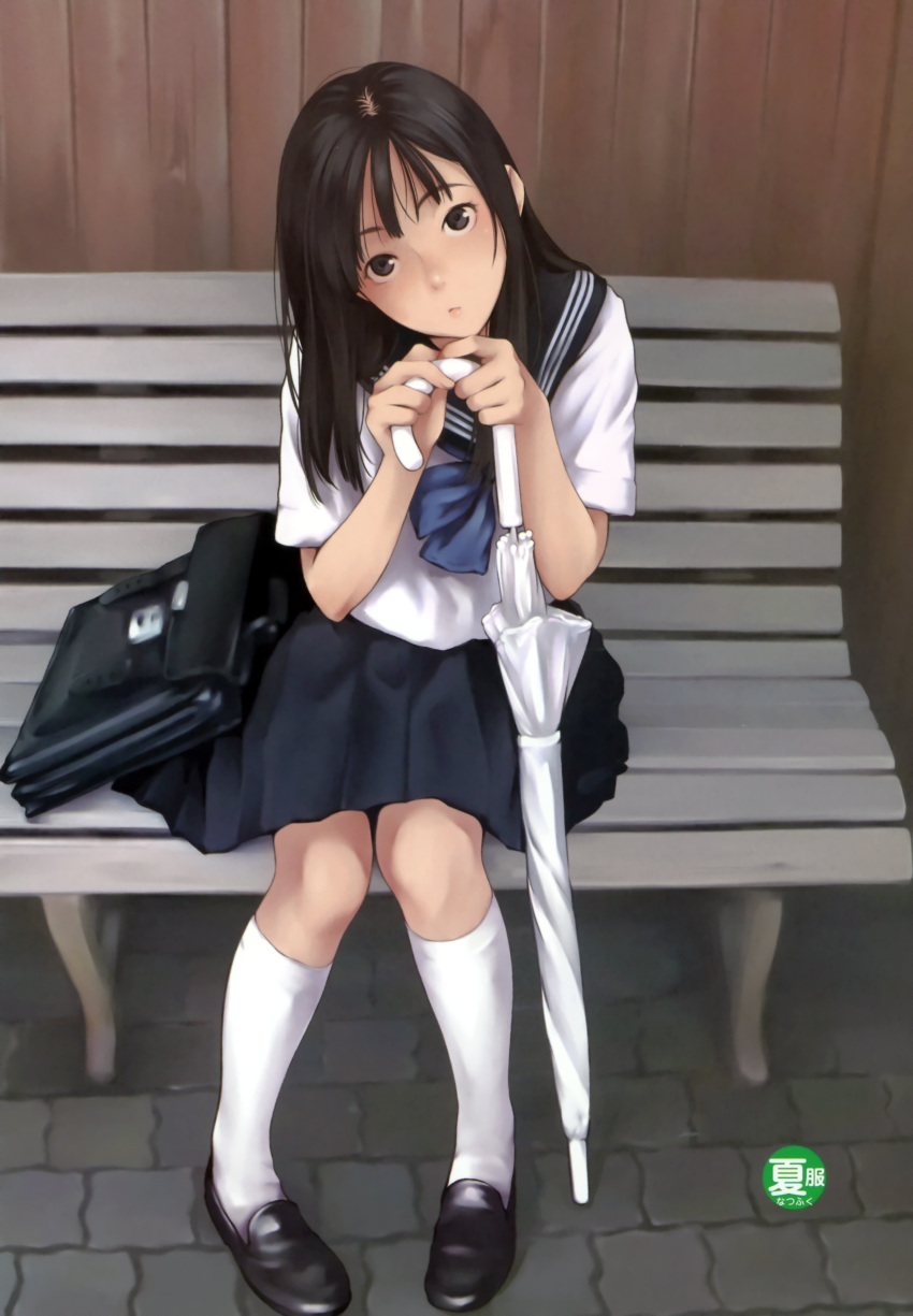 absurdres, bench, black_eyes, black_hair, closed_umbrella, highres, kamo, kamo_(gafas)