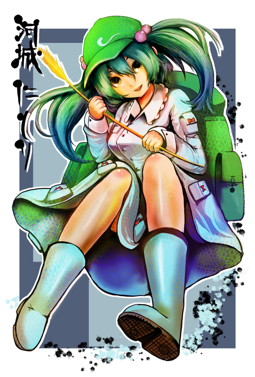 bag, blue_hair, boots, cattail, green_eyes, hair_bobbles, hair_ornament, highres