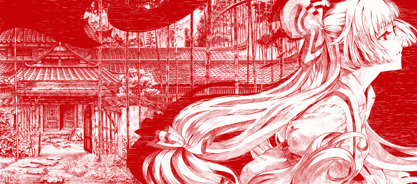 bamboo, bow, cosmic_(crownclowncosmic), door, east_asian_architecture, eientei, fujiwara_no_mokou, grass