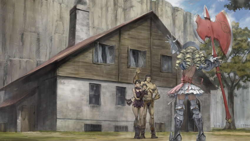 age_difference, axe, back, backless, black_hair, building, cattleya, drill_hair, elbow_gloves, family, frills, gloves, hairband, highres, house, huge_weapon, mother_and_son, owen, panties, queen's_blade, queen's_blade, rana, screencap, underwear, waving, weapon, ymir