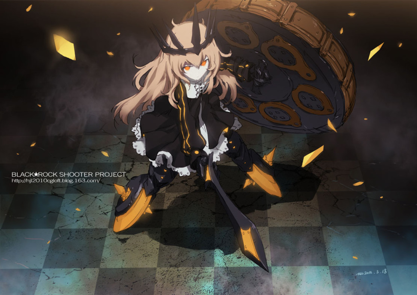 black_rock_shooter, blonde_hair, chariot_(black_rock_shooter), checkered, checkered_floor, crack, cracks, crown