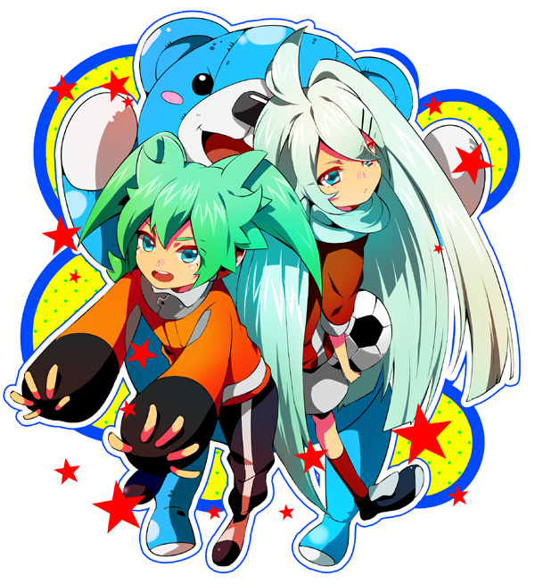 1girl, akishima_kei, baggy_pants, bear, fei_rune, fingerless_gloves, gloves, green_eyes