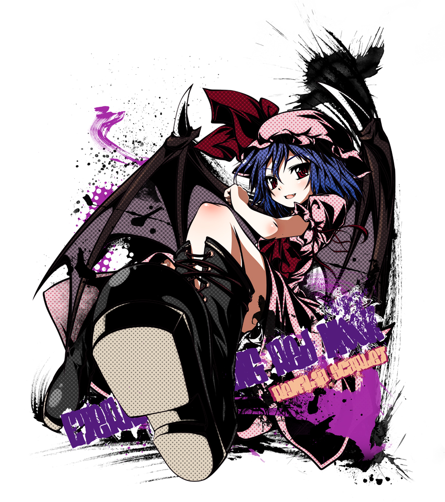 bat_wings, boots, character_name, dress, fang, jum_(parallel_parasol), purple_hair, red_eyes