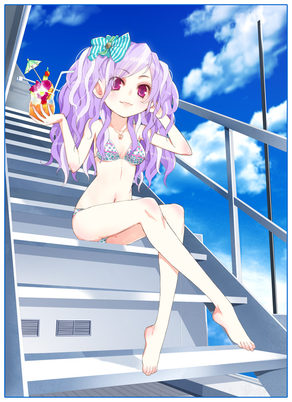 barefoot, bikini, blush, bow, breasts, cleavage, cloud, drink