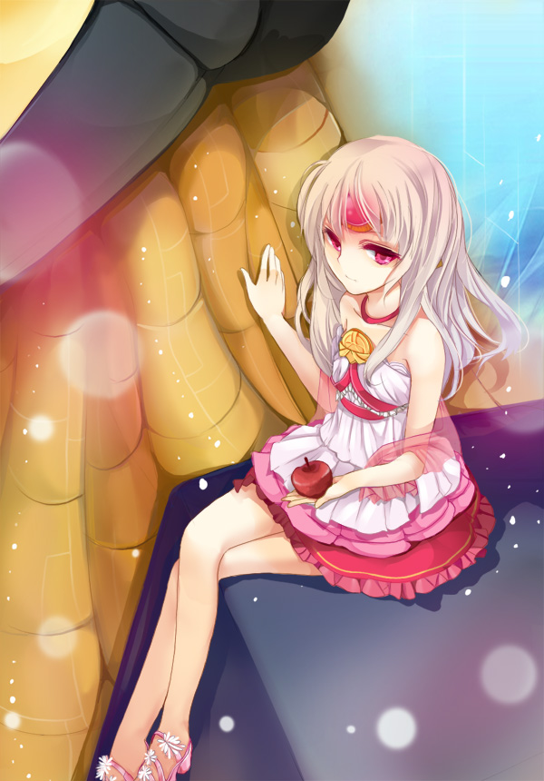 apple, apple_(elsword), bare_shoulders, crossed_legs, elsword, eve_(elsword), food, forehead_jewel, fruit, jewelry, long_hair, necklace, oao, pink_eyes, shoes, sitting, skirt, solo, white_hair