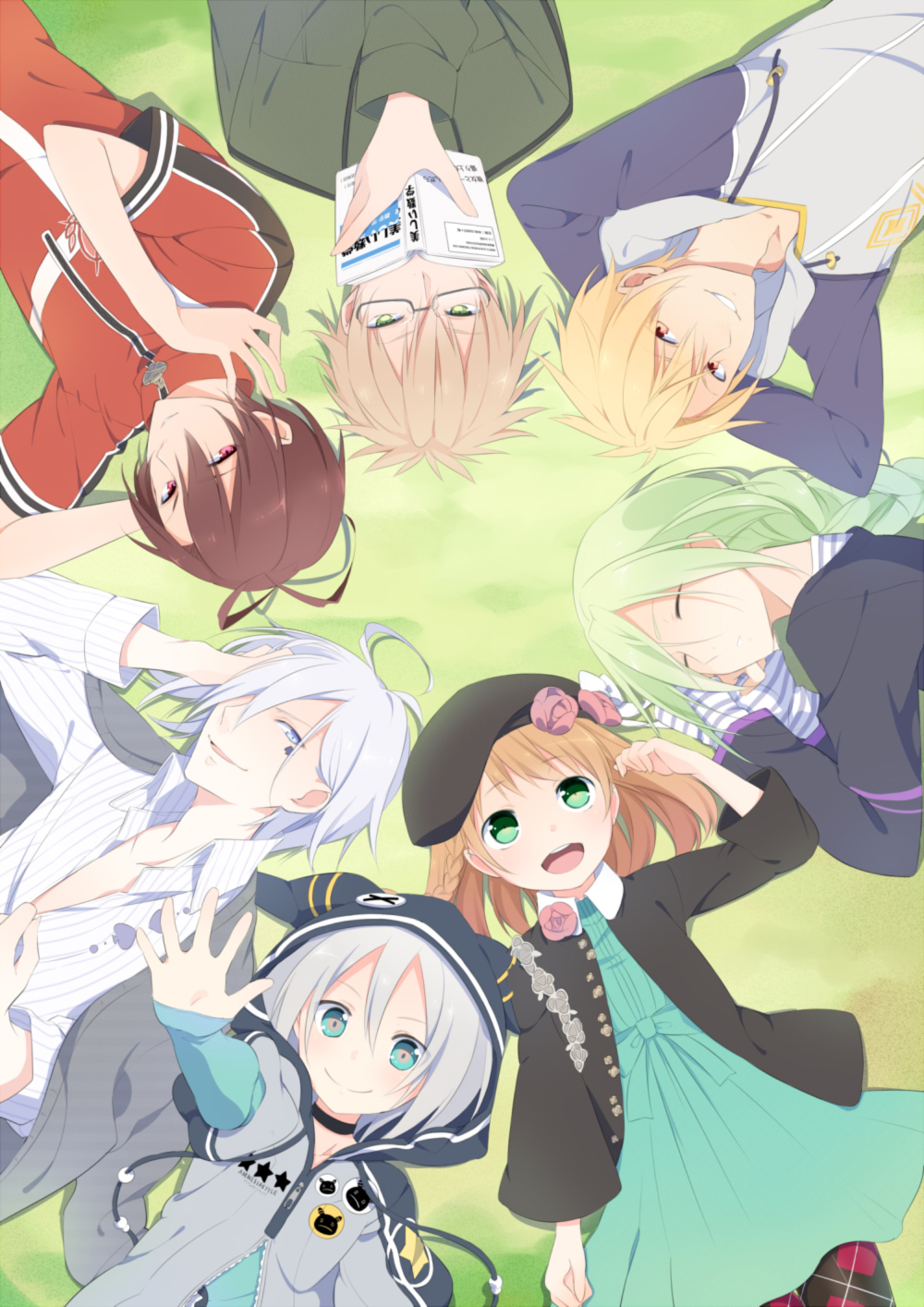 6+boys, amnesia_(idea_factory), book, circle_formation, glasses, heroine_(amnesia), highres, ikki_(amnesia)