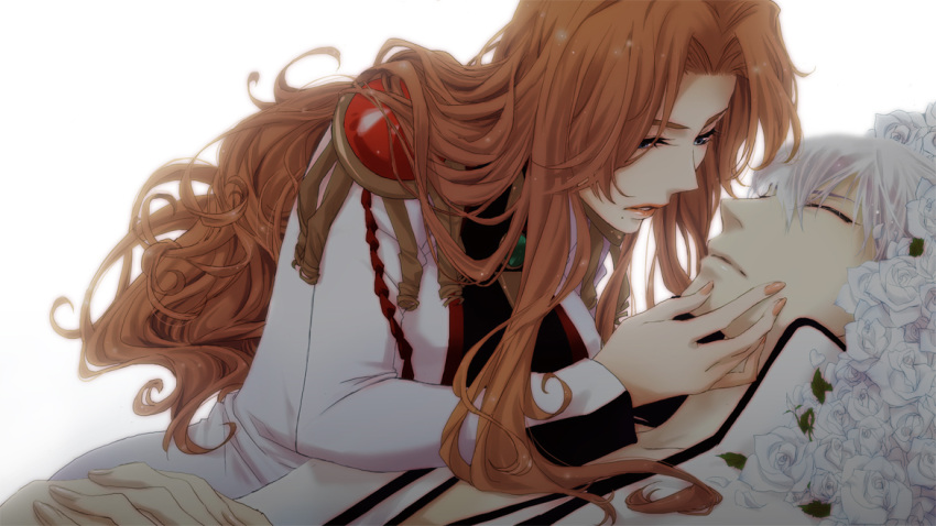 1girl, bleach, brown_hair, closed_eyes, crossover, eyes_closed, flower, hand_on_another's_face, hand_on_another's_face, ichimaru_gin, leciel2010, long_hair, matsumoto_rangiku, mole, parody, rose, shoujo_kakumei_utena, tom_(leciel2010), white_hair