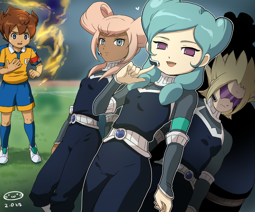2girls, beta_(inazuma_eleven), blue_eyes, brown_hair, dorimu_(inazuma_eleven), green_hair, headset, inazuma_eleven