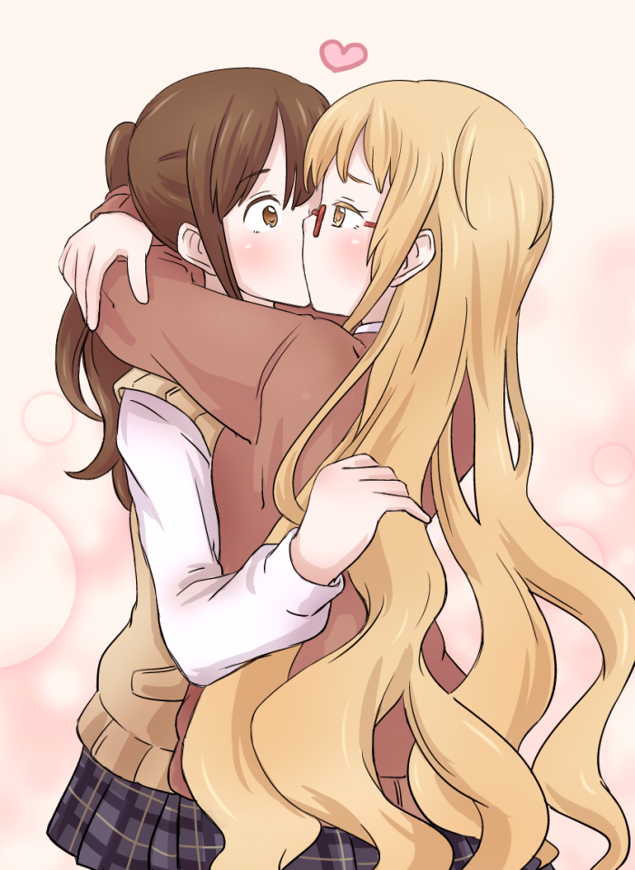 a.kokonoka, ano_fuji, blonde_hair, blush, brown_eyes, brown_hair, cardigan, eye_contact