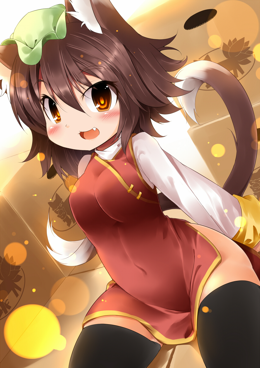 adapted_costume, animal_ears, black_legwear, blush, box, brown_hair, cardboard_box, cat_ears