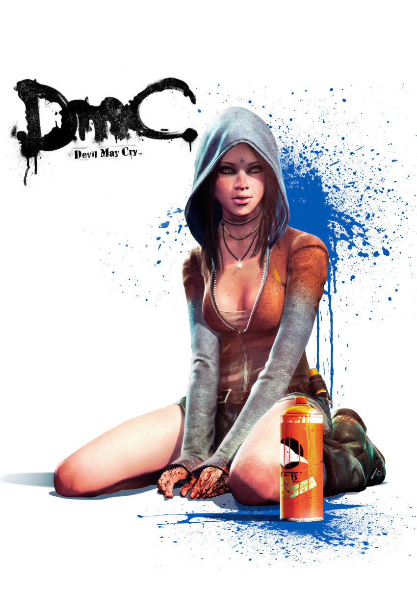3d, absurdres, aqua_eyes, belt, black_hair, boots, breasts, character_request, cleavage, devil_may_cry, devil_may_cry_(series), dmc:_devil_may_cry, facial_mark, forehead_mark, freckles, highres, hoodie, jewelry, kat_(devil_may_cry), kat_(dmc:_devil_may_cry), long_hair, necklace, official_art, open_mouth, paint, paint_can, shorts, sitting, solo, tattoo, wariza