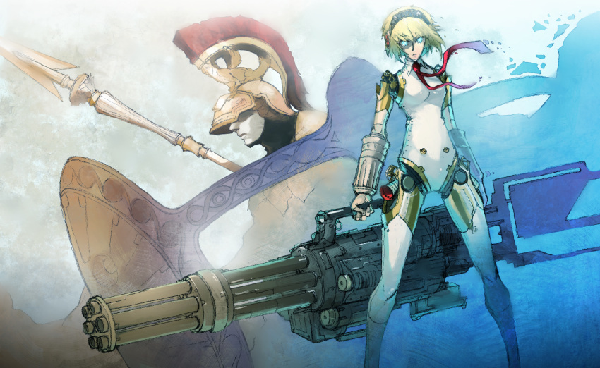 aegis, android, athena_(megami_tensei), blonde_hair, blue_eyes, haimerejzero, highres, persona