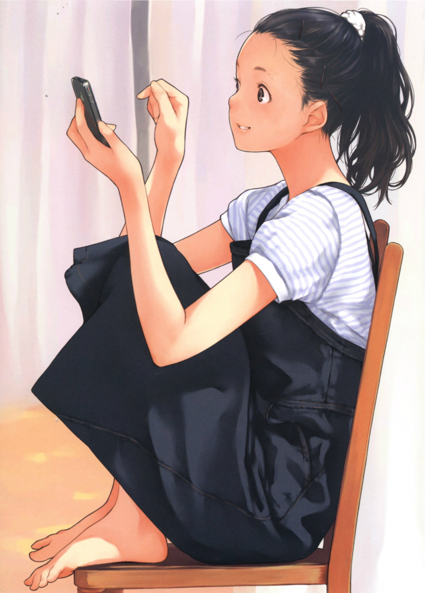 absurdres, apple_inc., barefoot, black_eyes, black_hair, bobby_pin, cellphone, chair