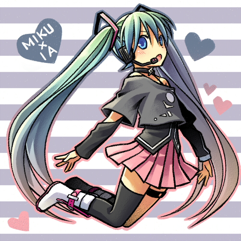 aqua_eyes, aqua_hair, bare_shoulders, boots, bvj, cosplay, faux_traditional_media, hatsune_miku, headphones, headset, ia_(cosplay), ia_(vocaloid), jumping, long_hair, looking_at_viewer, mismatched_legwear, open_mouth, single_thighhigh, skirt, solo, thigh-highs, thigh_strap, thighhighs, twintails, very_long_hair, vocaloid