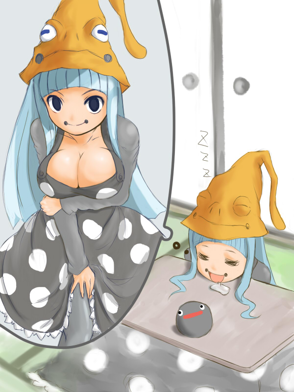 blue_hair, breasts, cleavage, dreaming, eruka_frog, ginjyasei, hat, huge_breasts