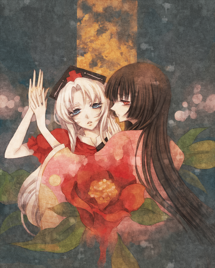 black_hair, blunt_bangs, flower, hat, hime_cut, houraisan_kaguya, long_hair, red_eyes