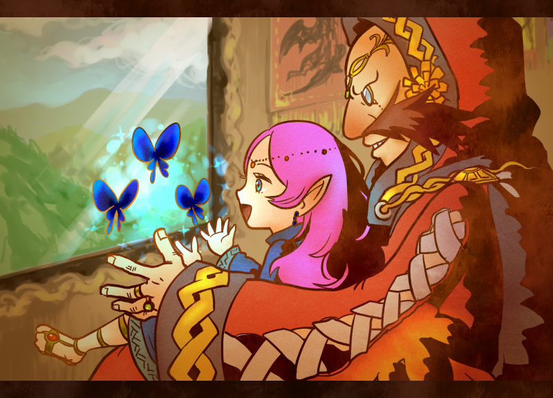 1girl, aqua_eyes, bone_(artist), bone_(stare), butterfly, dr._eggman, earrings, facial_hair