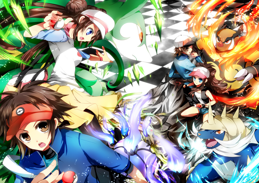 2girls, akatsuki_yakyou, baseball_cap, battle, black_legwear, blue_eyes, blue_fire, brown_eyes