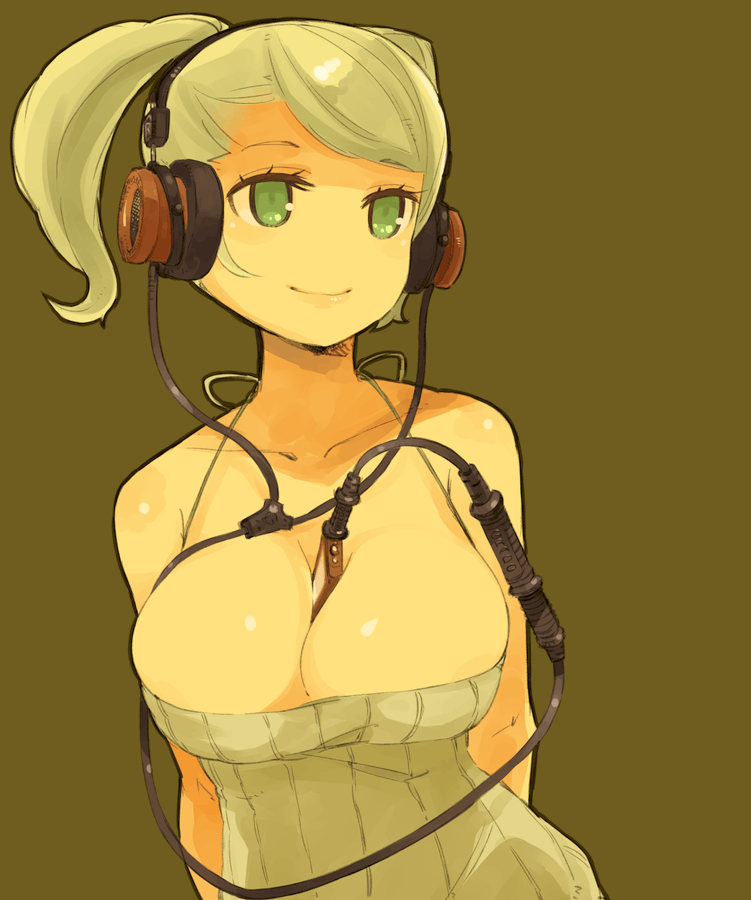 arms_behind_back, bare_shoulders, between_breasts, breasts, bursting_breasts, digital_media_player, dress, grado_labs