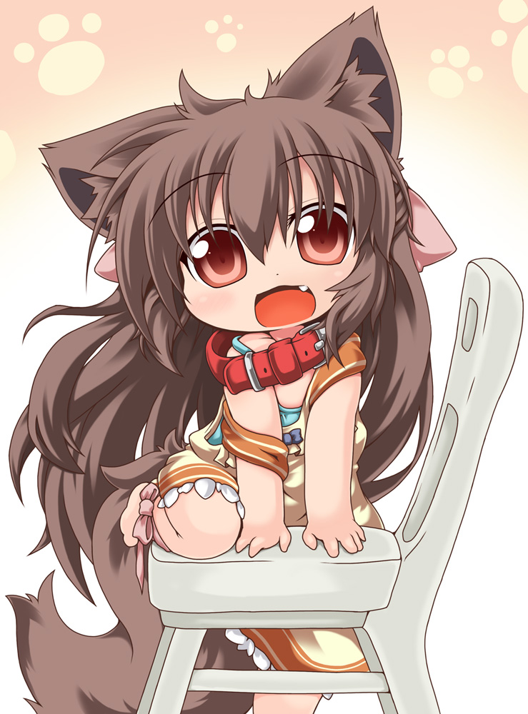 animal_ears, ankle_ribbon, bow, brown_eyes, brown_hair, chair, chibi, climbing, collar, dog_ears, dog_tail, dress, fang, hair_bow, kuroneko_liger, long_hair, manaka, off_shoulder, open_mouth, original, paw_print, smile, solo, strap_slip, tail