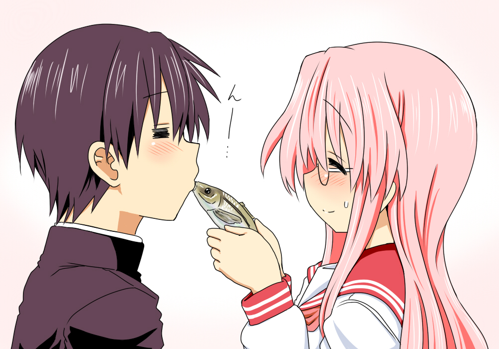 1girl, blush, closed_eyes, eyes_closed, fish, glasses, kiss, lucky_star