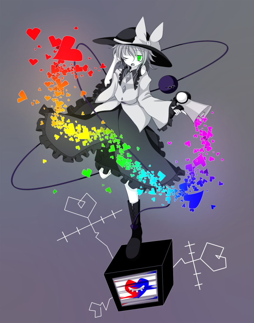 boots, cross-laced_footwear, eyeball, green_eyes, hat, headphones, heart, highres