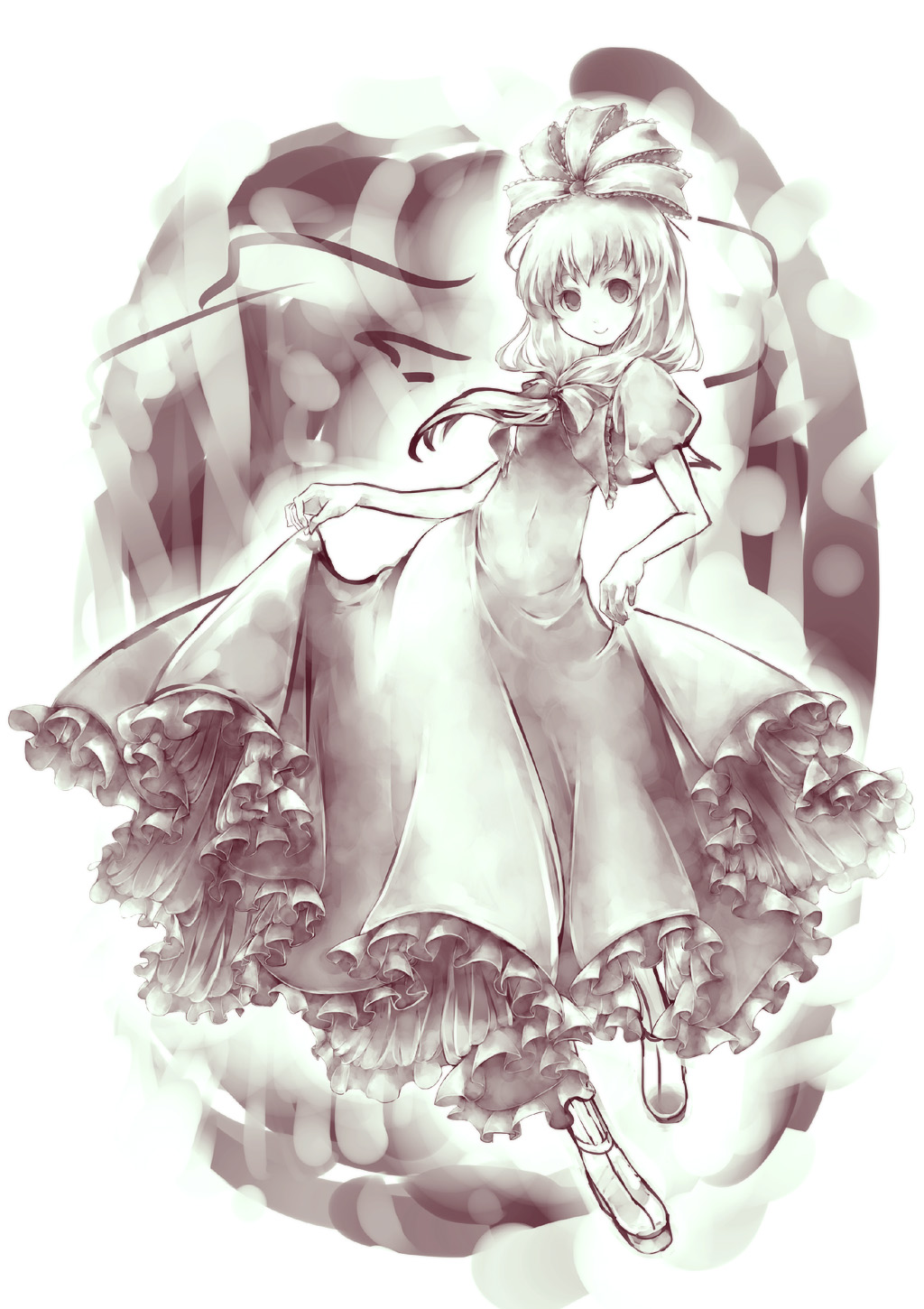 ba, boots, bow, dress, frilled_dress, frills, front_ponytail, hair_bow, hair_ornament, hair_ribbon, highres, kagiyama_hina, long_hair, looking_at_viewer, monochrome, ribbon, skirt_hold, smile, solo, touhou