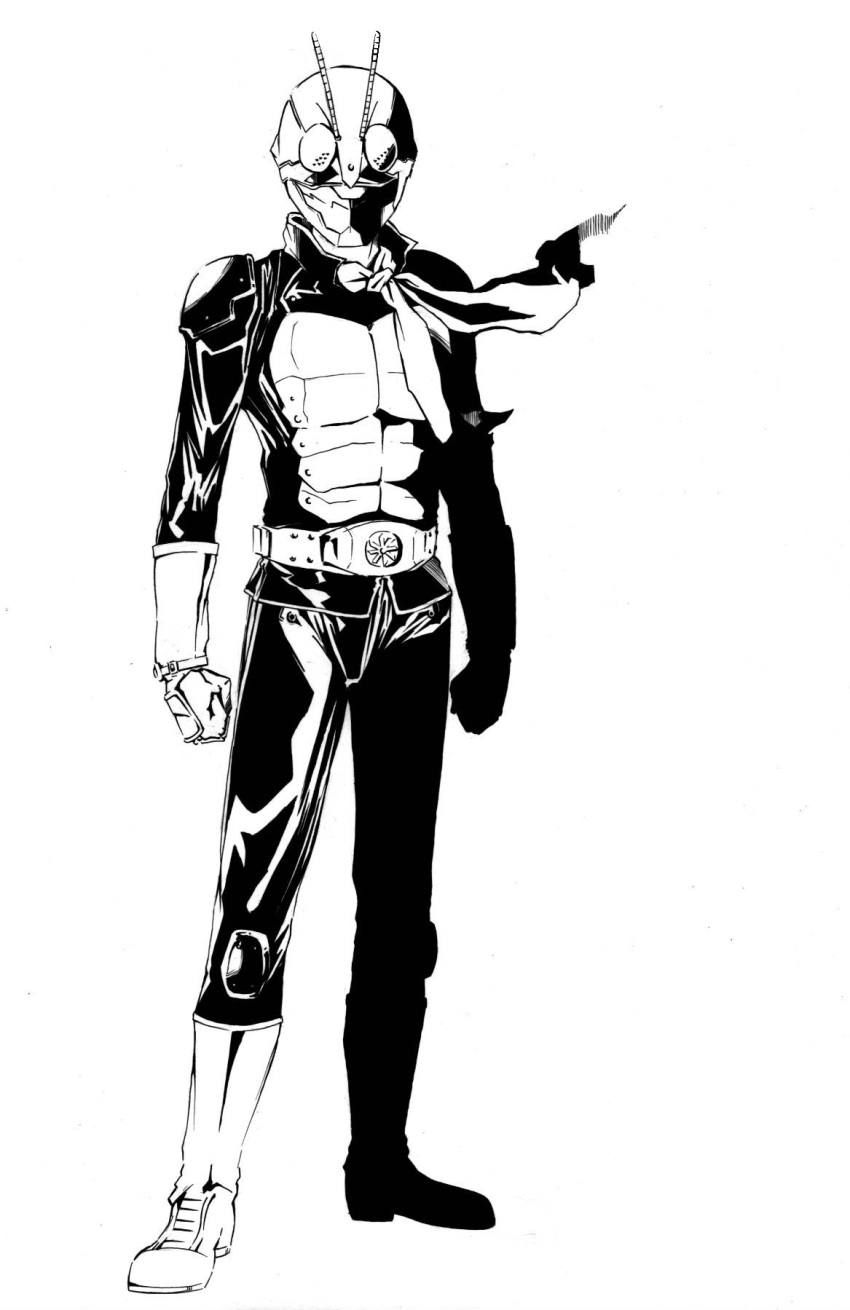 1boy, belt, compound_eyes, full_body, highres, kamen_rider, kamen_rider_1, kamen_rider_the_first