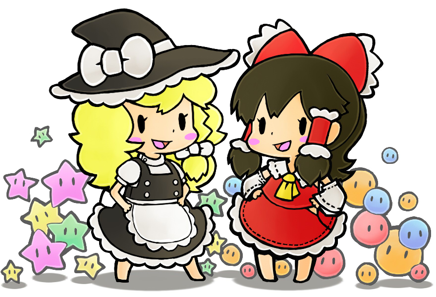 blush_stickers, brown_hair, chibi, chikuwabu, hakurei_reimu, kirisame_marisa, touhou