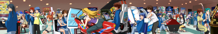 6+girls, absurdres, aiming, akemi_homura, arcade, arcade_cabinet, blonde_hair, brand_name_imitation