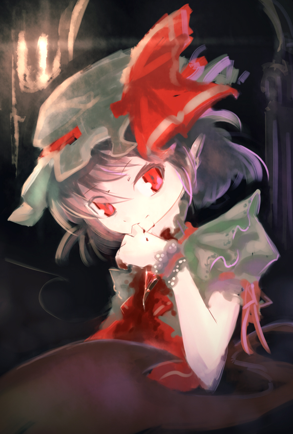 blood, pointy_ears, red_eyes, remilia_scarlet, short_hair, smile, solo, touhou