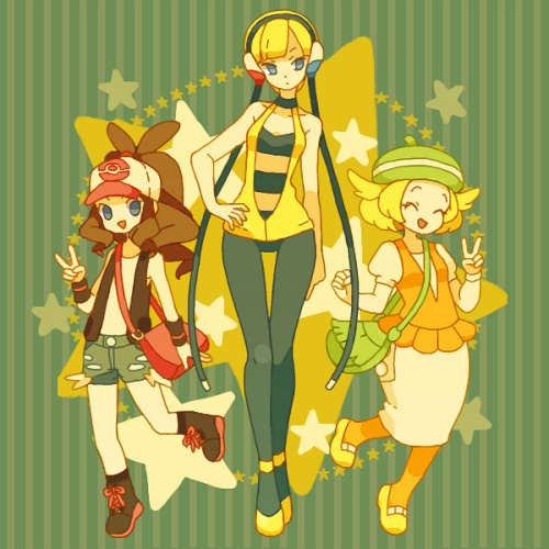 3girls, bel_(pokemon), blonde_hair, blue_eyes, brown_hair, denim, denim_shorts, ikra_(katacoly)