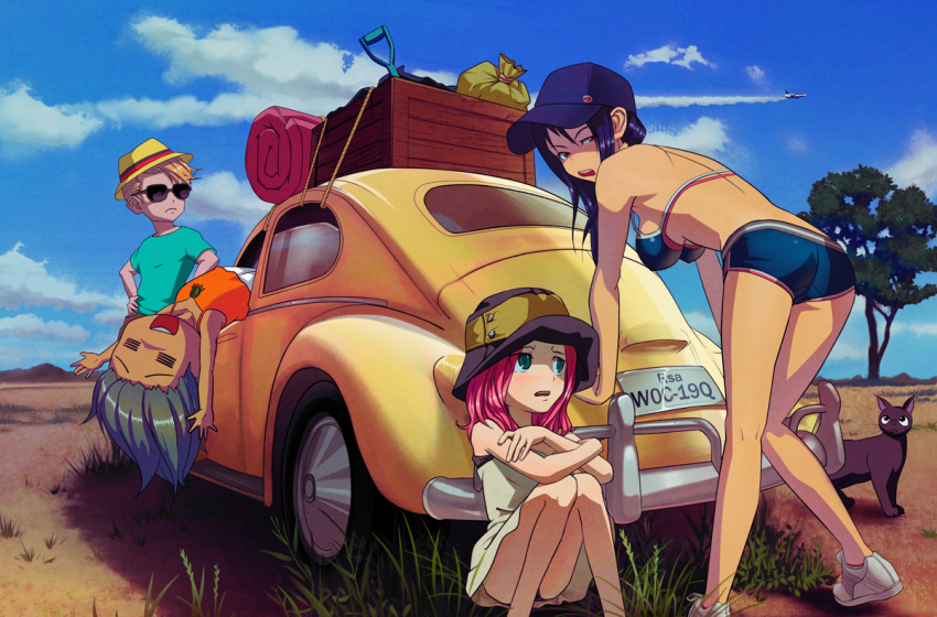 1boy, 3girls, airplane, ass, bad_id, baseball_cap, bee_(the-bee8607), bikini_top