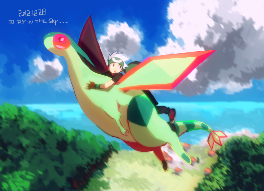 1boy, bad_id, bandana, bandanna, english, flygon, flying, gloves