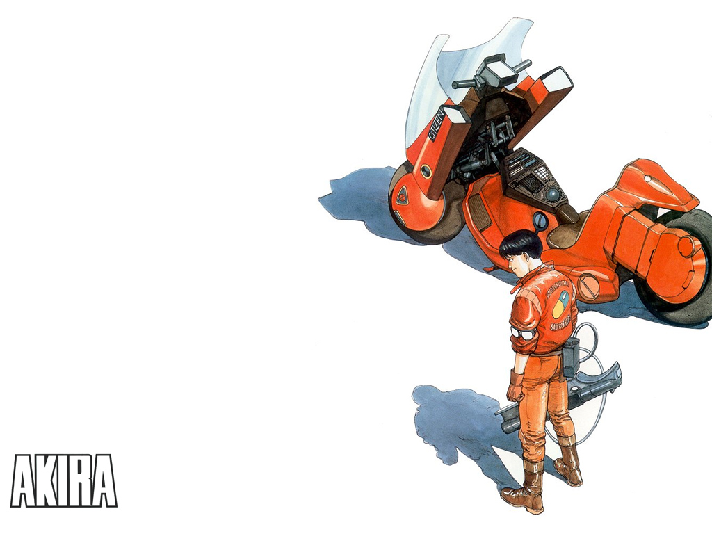 80s, akira, biker_clothes, black_hair, boots, cyberpunk, gloves, goggles, goggles_removed, jacket, jumpsuit, kaneda_shoutarou, laser_rifle, male, motor_vehicle, motorcycle, official_art, oldschool, otomo_katsuhiro, science_fiction, shadow, short_hair, solo, title_drop, vehicle, wallpaper