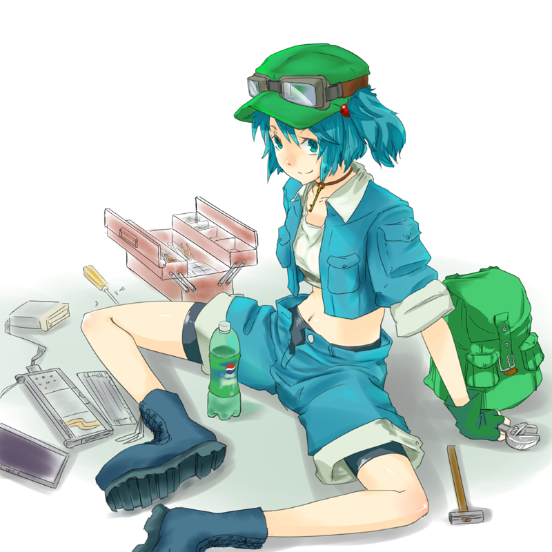 arm_support, backpack, bag, blue_eyes, blue_hair, boots, crop_top, dango_ya