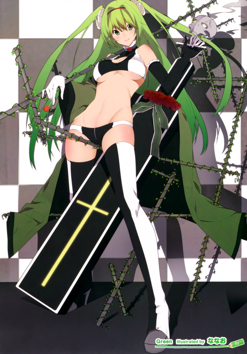 absurdres, bare_shoulders, boots, breasts, candy, cleavage, detached_sleeves, flower