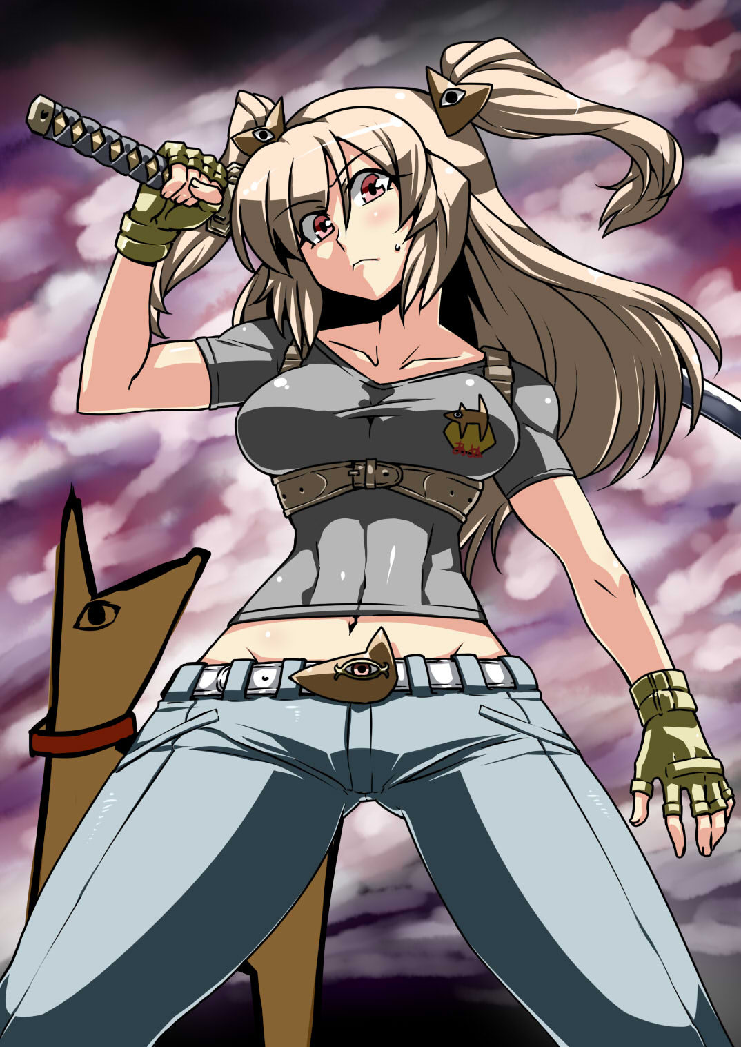 anubis-kun, belt, breasts, brown_hair, fictional_persona, fingerless_gloves, gloves, hair_ornament, highres, navel, original, red_eyes, sword, taut_shirt, tsuki_wani, two_side_up, weapon