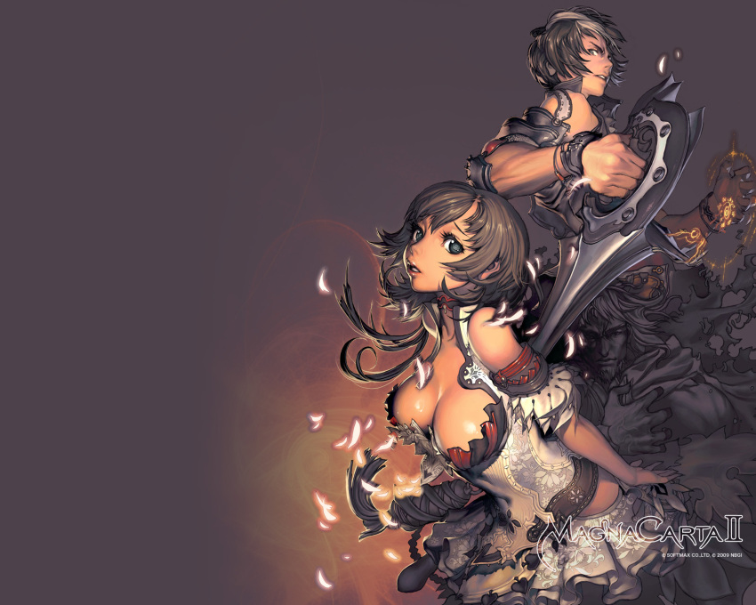 black_eyes, black_hair, blue_eyes, breasts, brown_hair, choker, cleavage, feathers