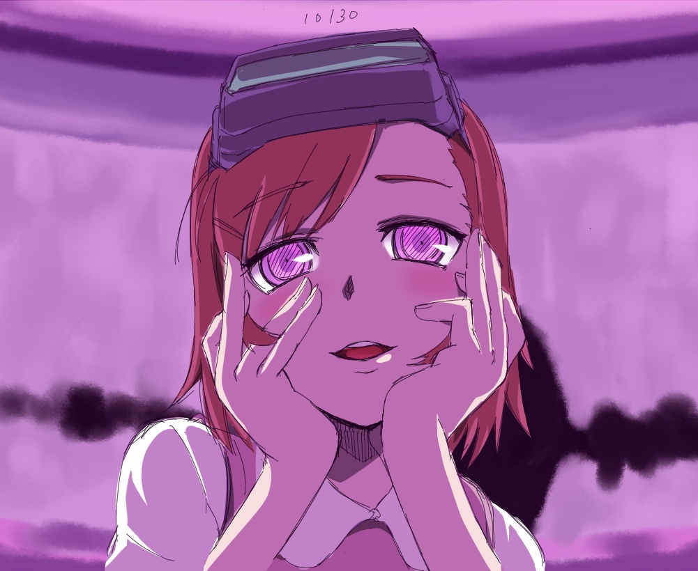 4shi, hands_on_own_cheeks, hands_on_own_face, head_mounted_display, misaka_imouto, open_mouth, parody, purple_eyes