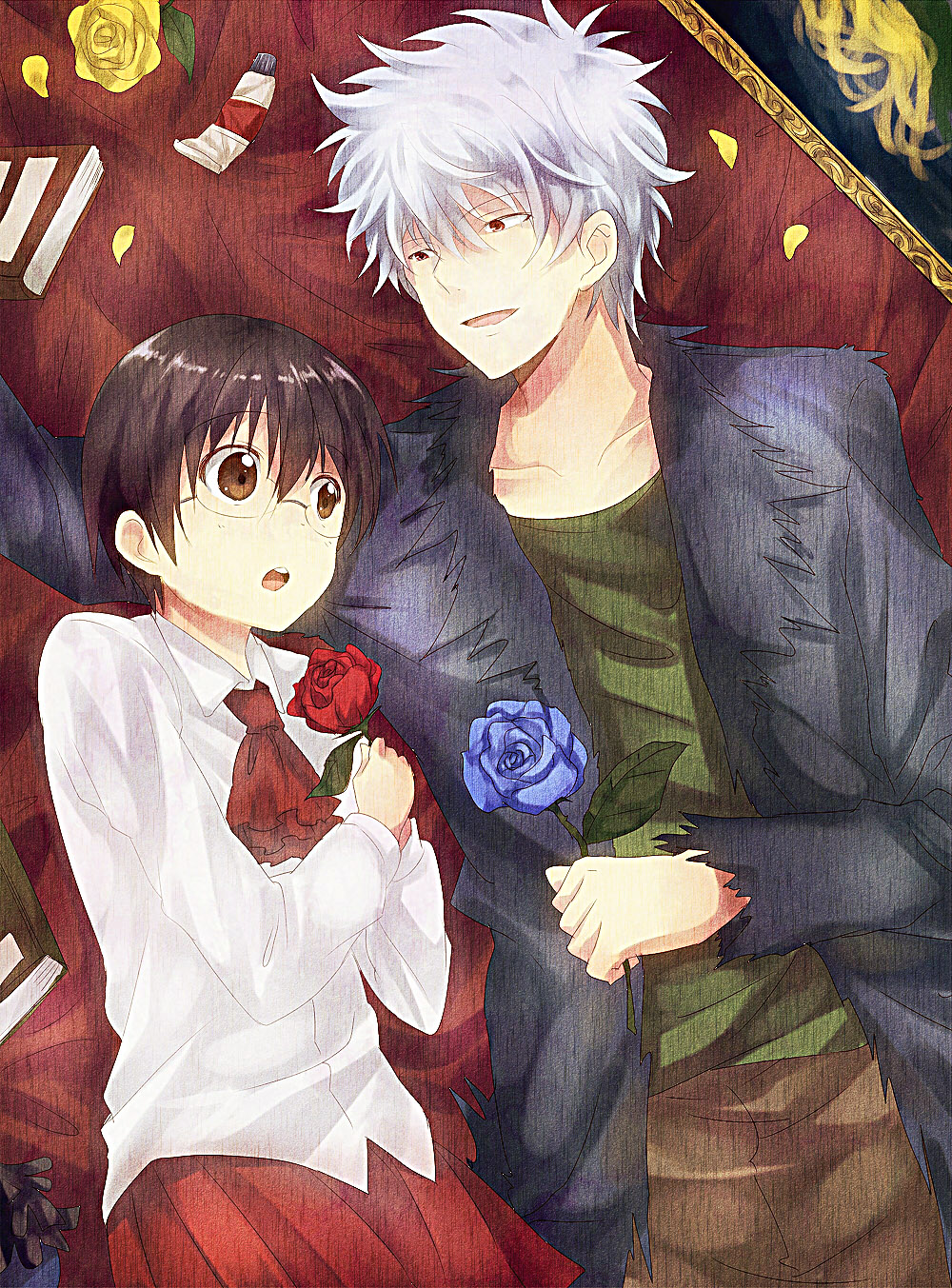 black_hair, blue_rose, cosplay, crossdressinging, eve_(ib), eve_(ib)_(cosplay), flower, garry_(ib), gary_(ib), gary_(ib)_(cosplay), gintama, glasses, highres, ib, ib_(ib), ib_(ib)_(cosplay), male, maruki_(punchiki), multiple_boys, punchiki, red_rose, rose, sakata_gintoki, shimura_shinpachi, short_hair, silver_hair, yellow_rose