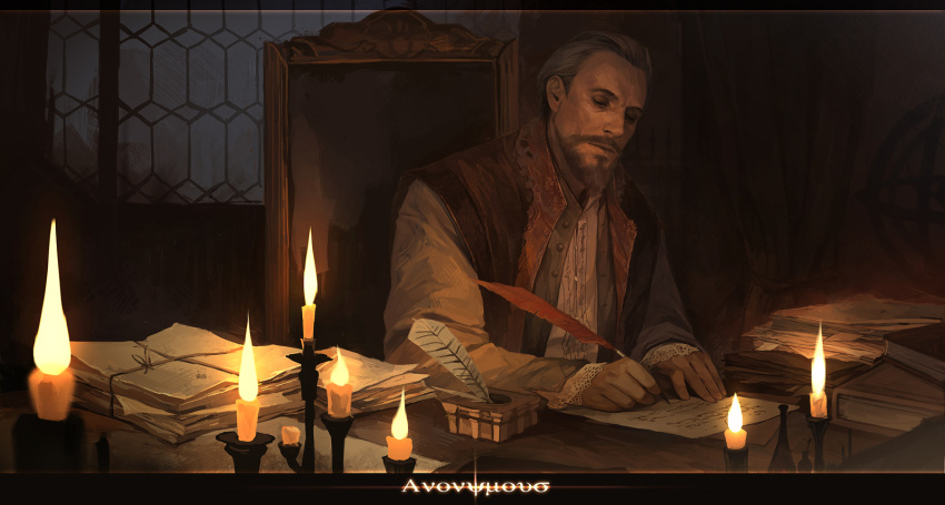 1boy, beard, candle, chair, closed_eyes, copyright_request, eyes_closed, facial_hair