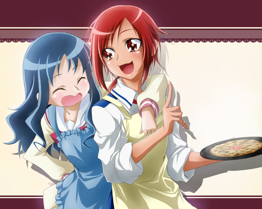 apron, arm_around_shoulder, blue_hair, crossover, dam_(artist), food, happy, heartcatch_precure!