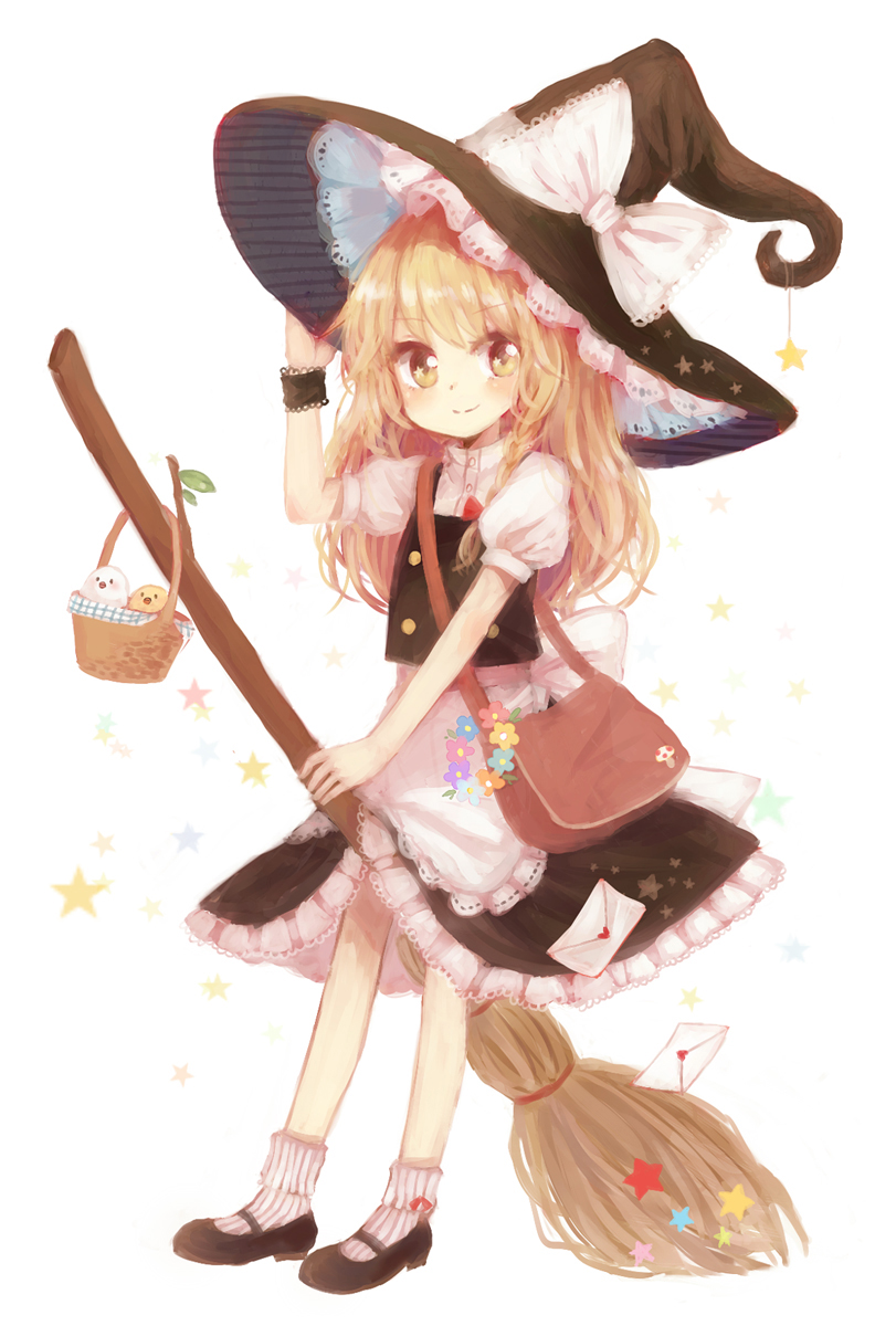 apron, bag, basket, blonde_hair, bow, braid, broom, envelope, hand_on_hat, hat, hat_bow, highres, kirisame_marisa, long_hair, manukedori, mozukuzu_(manukedori), single_braid, smile, solo, star, star-shaped_pupils, symbol-shaped_pupils, touhou, waist_apron, witch, witch_hat, wreath, yellow_eyes