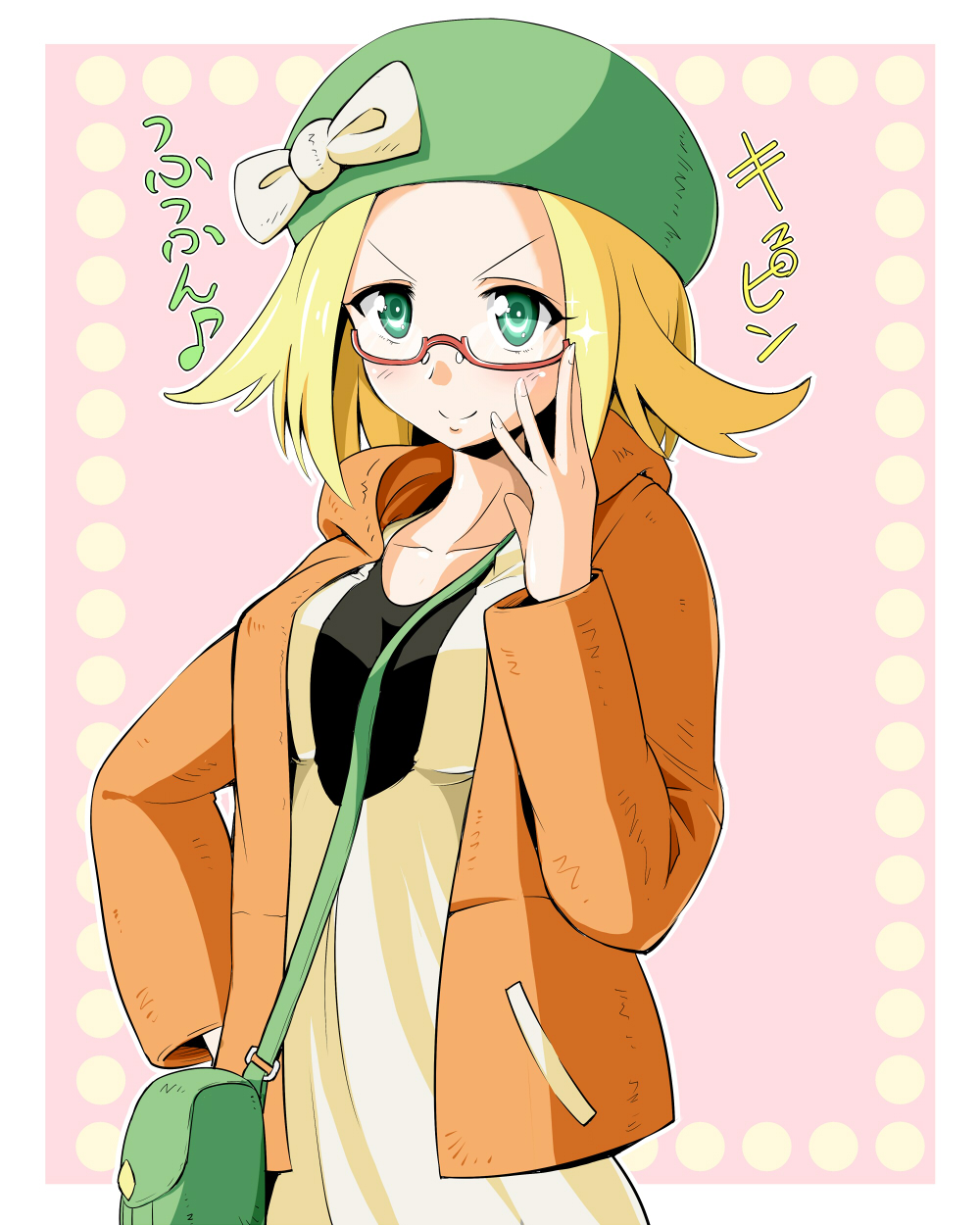 1girl, adjusting_glasses, bag, bel_(pokemon), blonde_hair, female, glasses, green_eyes