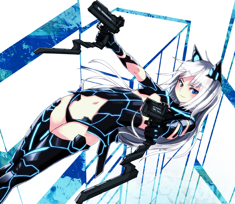 blue_eyes, blush, boots, dual_wielding, dutch_angle, extended_magazine, gloves, gun, hair_ornament, long_hair, looking_at_viewer, navel, neon_trim, nosuku, original, pistol, silver_hair, smile, solo, thigh-highs, thigh_boots, thighhighs, weapon