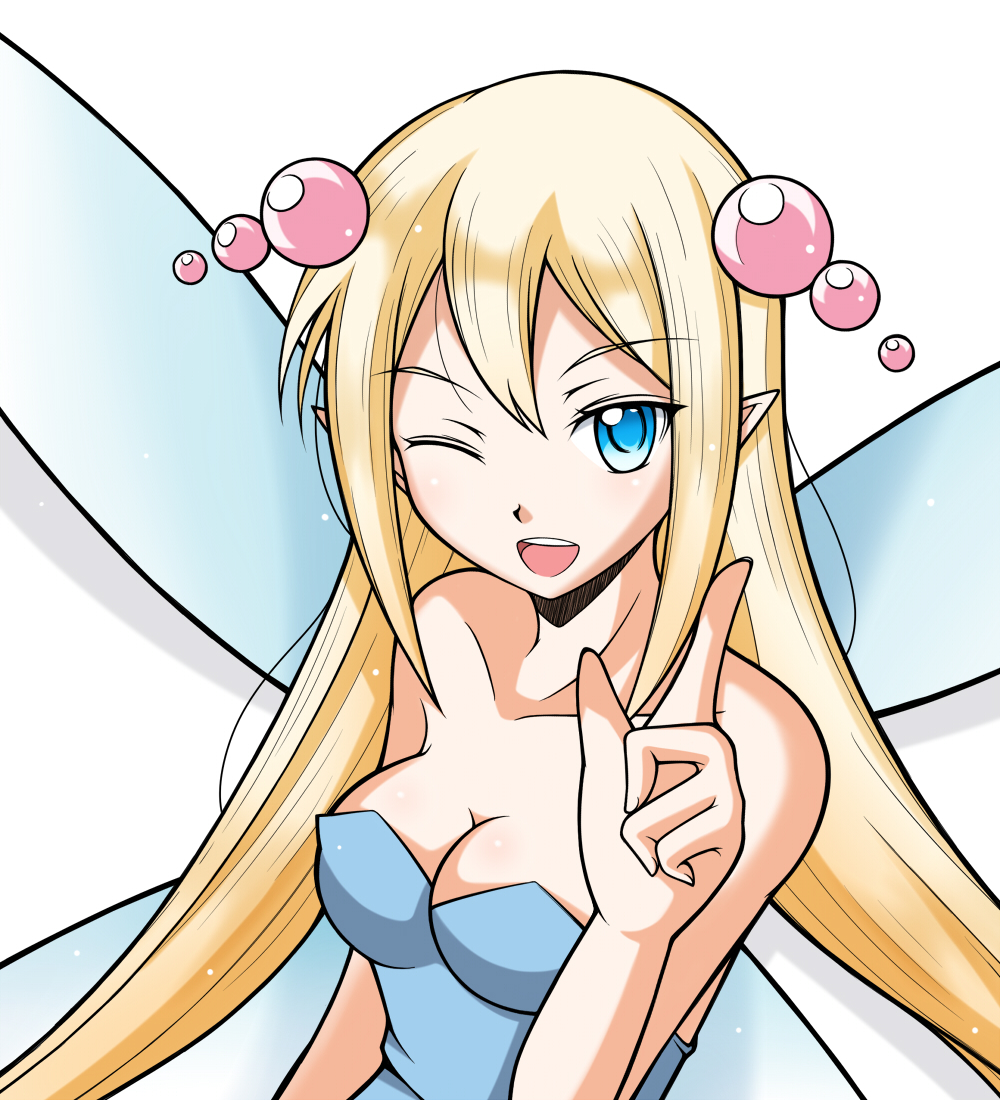 blonde_hair, blue_eyes, breasts, bunny1219, cleavage, fairy, hair_ornament, hairpin, lilly_(sister_quest), long_hair, pointing, sister_quest, solo, twintails, wink