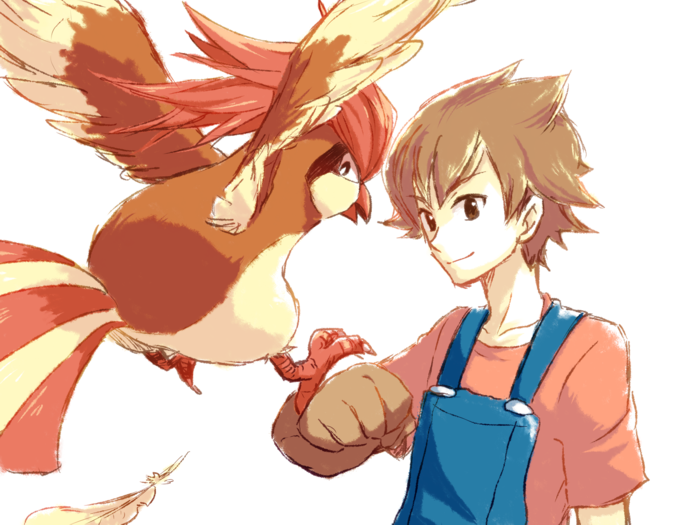 1boy, bird, bird_keeper_(pokemon), brown_hair, feathers, gloves, looking_at_viewer, male