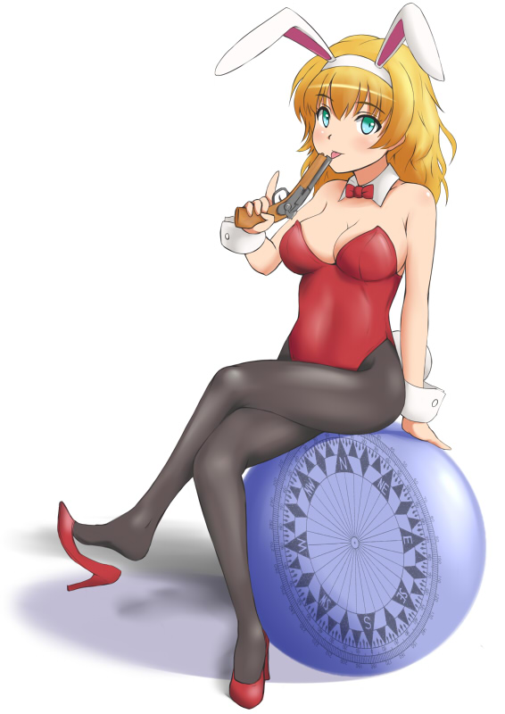 :p, animal_ears, bare_shoulders, blonde_hair, blue_eyes, blush, bowtie, breasts